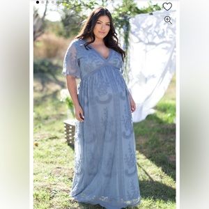 PinkBlush Blue Lace Mesh Overlay Plus Maternity Maxi Dress